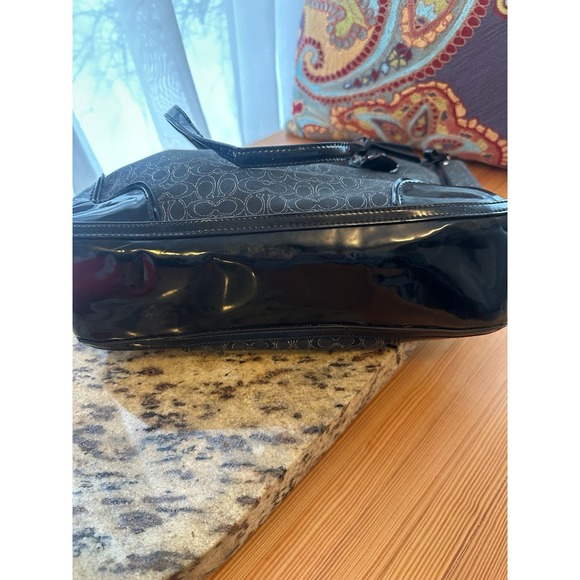 Coach Poppy Metallic Signature "C" Tote Bag In Charcoal With Patent Leather Trim - Picture 10 of 10